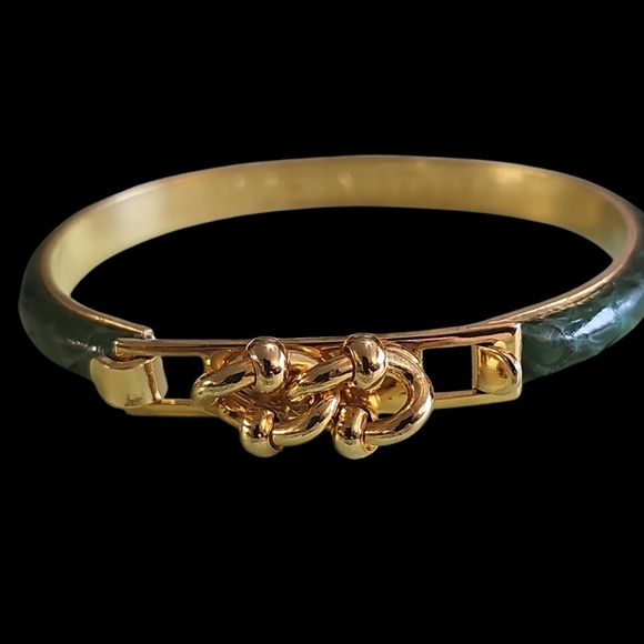 Made In Italy Green Leather Cuff Gold Tone Two Link Chain Bracelet - Picture 6 of 8